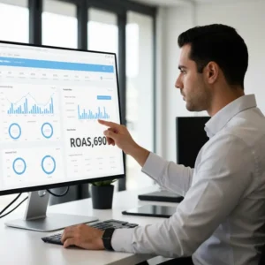 מנהל שיווק מנתח ROAS מחשבון ממוצע במסך גדול במשרד הייטק