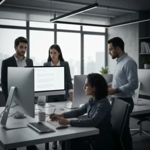 צוות שיווק מנתח Schema Markup Rich Snippets על מסכים