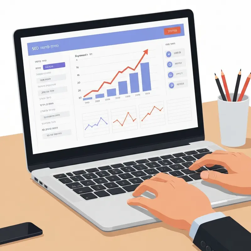 תקריב על מסך מחשב המציג גרפים של ביצועי SEO עברי