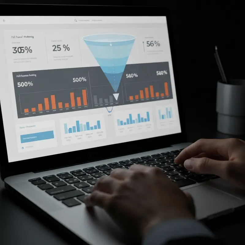 תקריב על מסך מחשב מציג דוח Full Funnel Marketing עם גרפים עולים