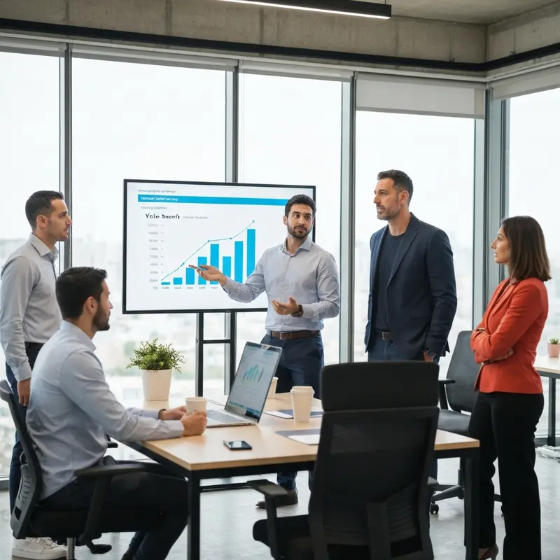 צוות שיווק דן במגמות Voice Search 2026 ישראל במשרד מודרני.