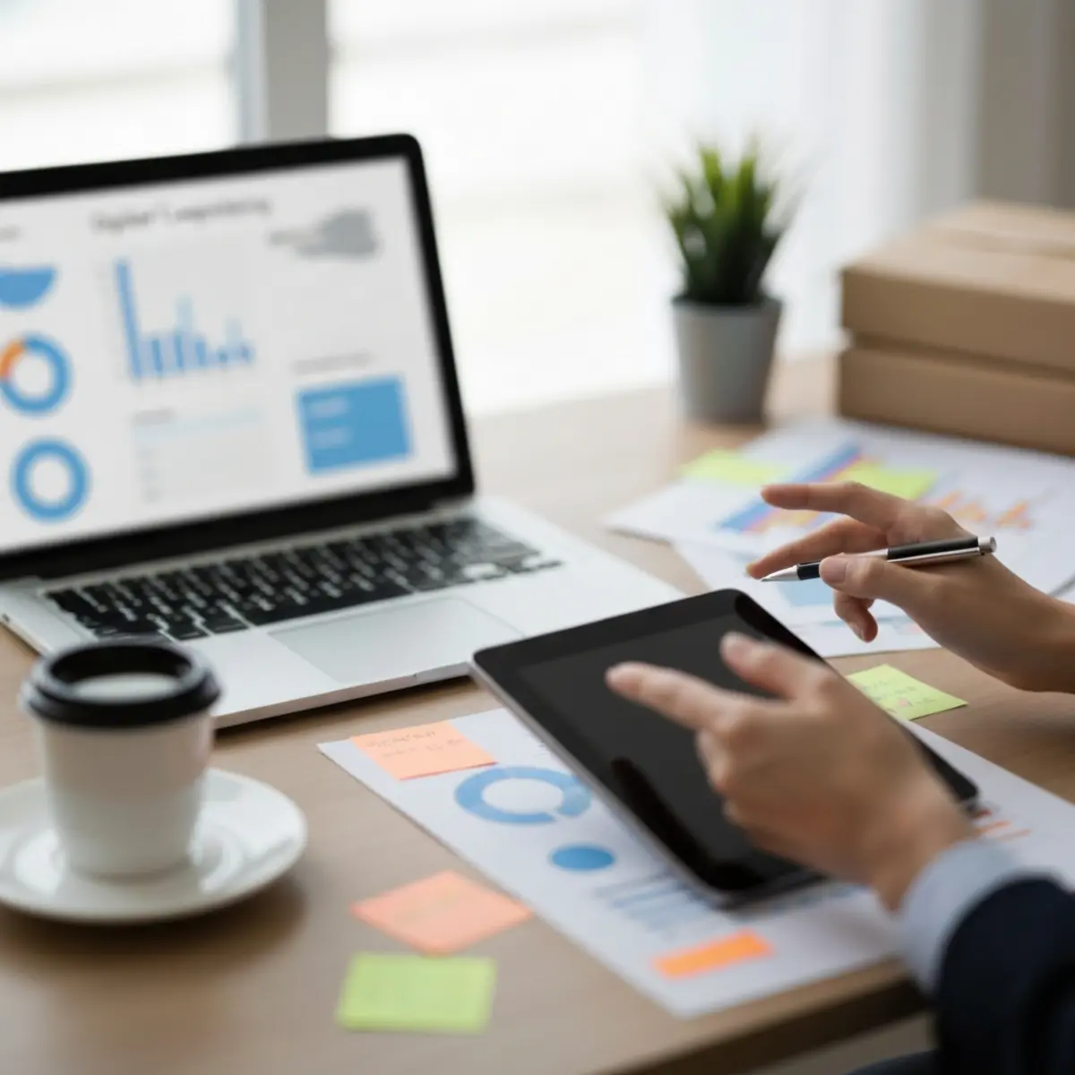 שולחן עבודה עם מחשב נייד ונתוני Bounce Rate GA4 מטושטשים, תכנון קמפיין דיגיטלי