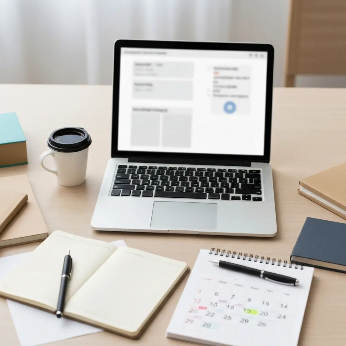 שולחן עבודה עם מחשב נייד פתוח, כוס קפה ופתקים, תכנון קמפיין Seasonal Marketing בישראל