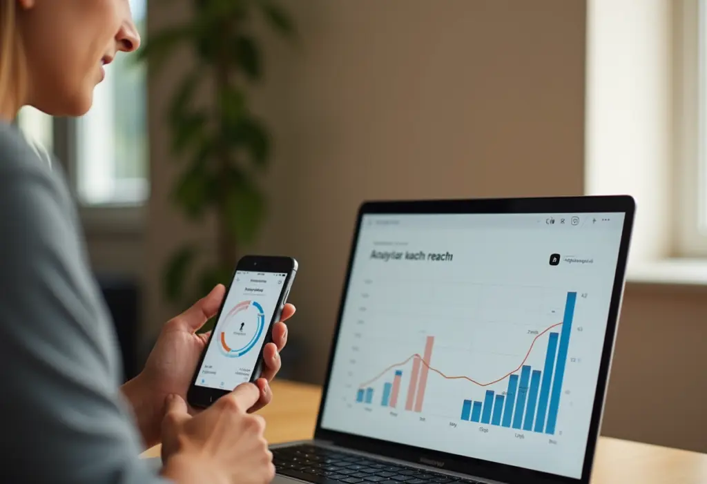 A small business owner in Israel checking Instagram analytics and reach graphs on a laptop and phone side by side, warm natural office lighting, realistic photo style, no visible logos or brand names