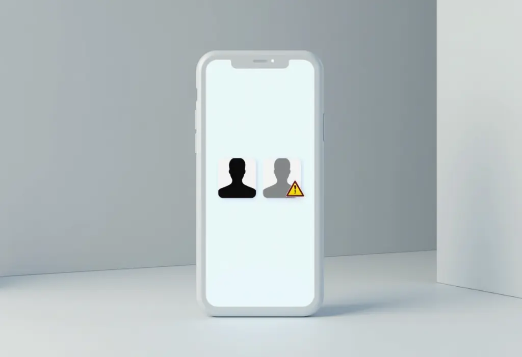 A smartphone screen showing two nearly identical business profile icons side by side, one with a subtle warning triangle, clean studio lighting, minimal professional background, no visible brand logos or real app interfaces