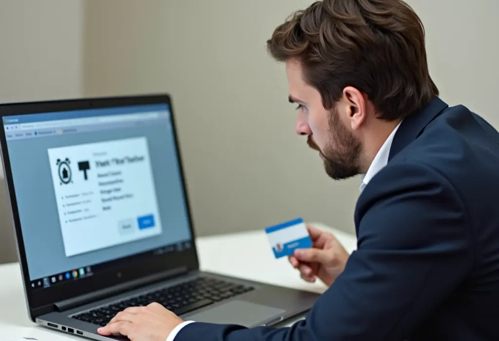 A concerned small business owner looking at a laptop screen showing a security verification checkpoint, holding an ID card near the keyboard, realistic office setting, no visible logos or brand names, photographic style.