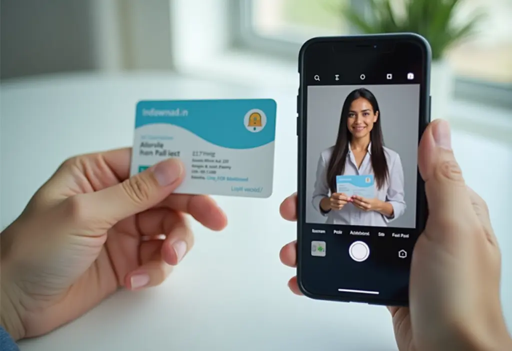 A close-up of a person holding an ID card up to a smartphone camera during an online identity verification process, clean modern setting, soft natural light, shallow depth of field, no visible text or logos