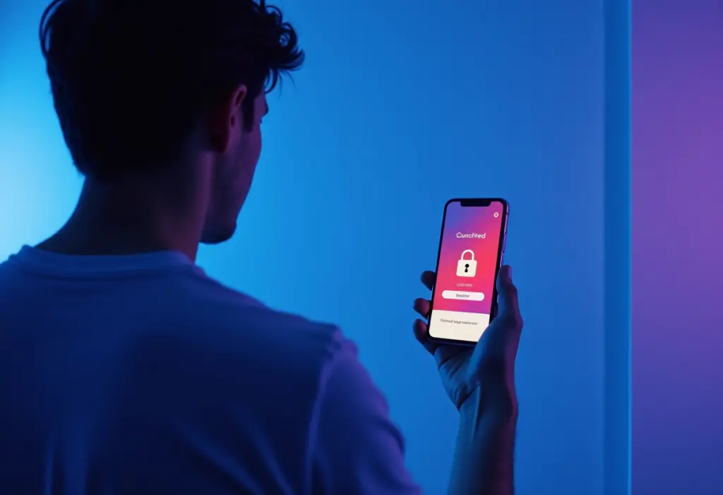 A worried person looking at a phone screen showing a locked Instagram login page, hourglass overlay symbolizing waiting time, realistic photo style, blue and purple tones