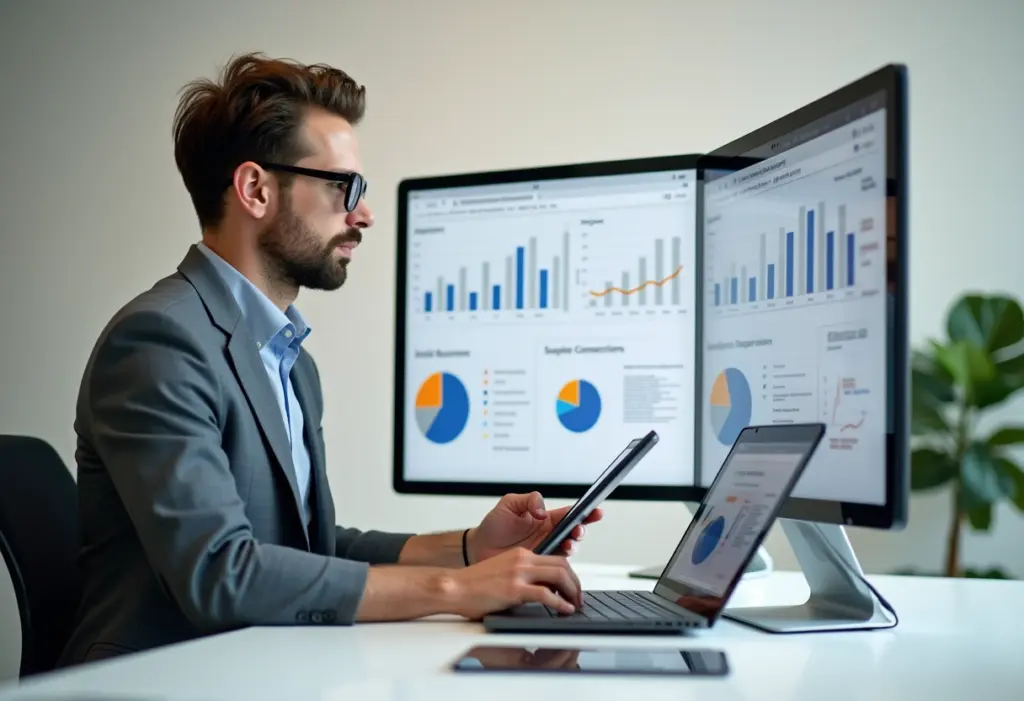 A small business owner analyzing charts and competitor websites on a laptop and tablet at a desk, focused and professional, photorealistic office setting.
