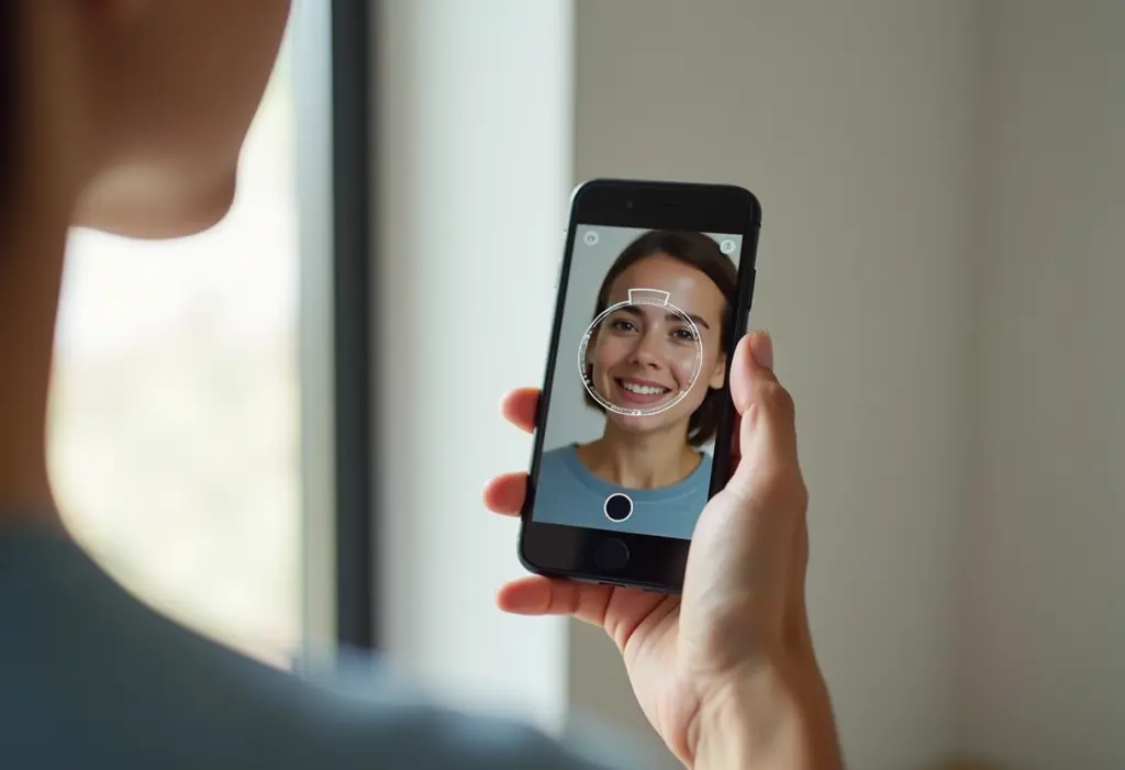 A person holding a smartphone recording a face-verification selfie video, soft natural window light, close-up over-the-shoulder view of the phone screen with a circular face-scan guide, photorealistic, no text or logos.