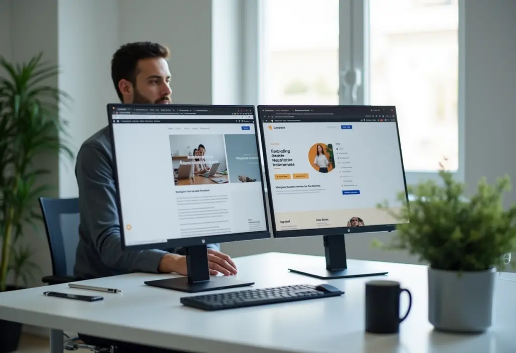 A modern web designer working on a WordPress website for a business on a large monitor in a bright Israeli office, showing a homepage layout on screen, professional and realistic photo style
